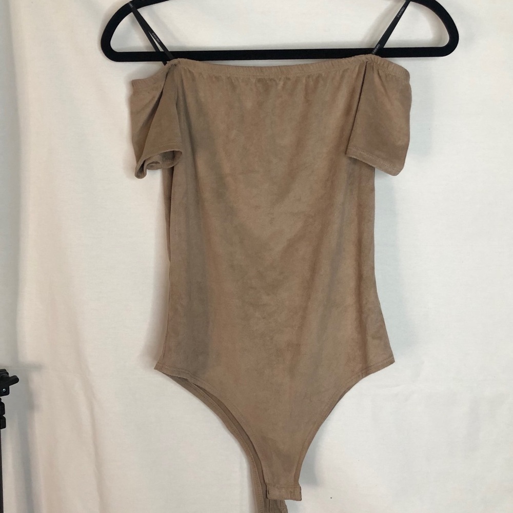 Taupe Cream Off Shoulder Suede Bodysuit